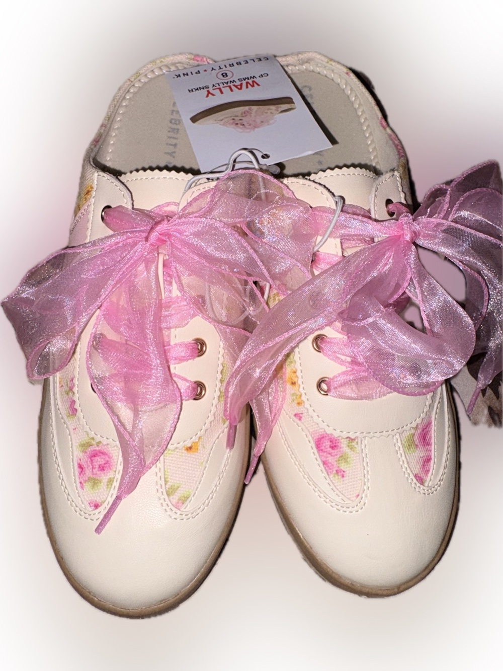 Celebrity Pink Cream Floral Sneakers with Pink Organza Bows
